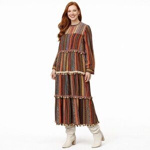 ZARA Multi-Color Small Striped Maxi Dress With Pom Detail & 3 Cuff Buttons